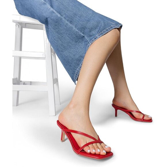 Dream Pairs Women Red Faux Leather Open Square Toe Thong Kitten Heeled Sandals - Picture 7 of 7